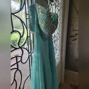 Elegant Aqua Gown with Sequin Detailing